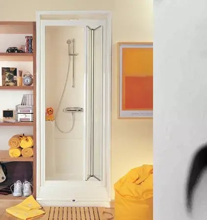 A shower pod being used in student accommodation.