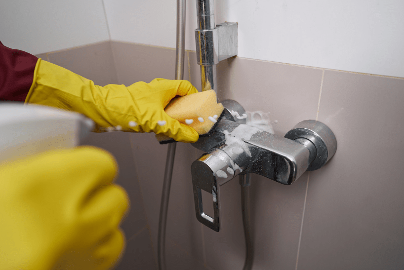 Someone wearing washing up gloves using a sponge to remove the damp and mould in their modern bathroom