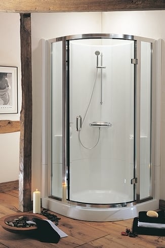 A modern shower enclosure showcasing a practical alternative to traditional tiled shower walls.